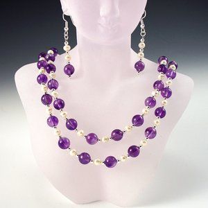 Amethyst, Pearl, and Sterling Necklace/Earring Set